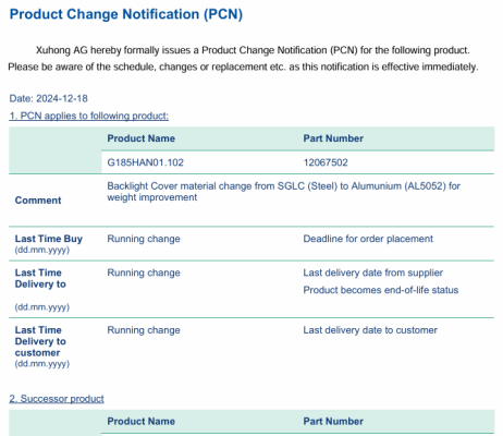 G185HAN01.102 Product ChangeG185HAN01.104 Notification (PCN)