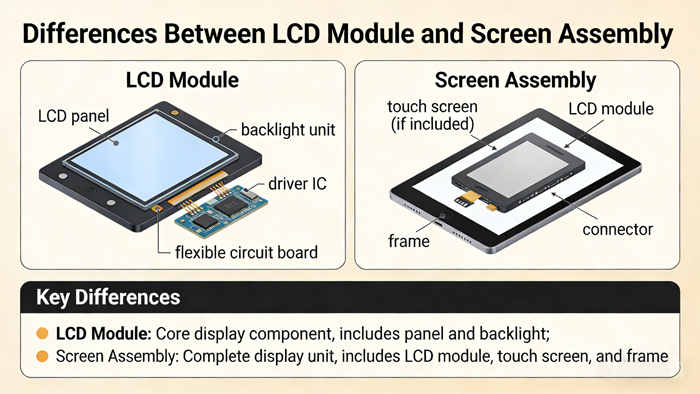 What is the difference between LCD module and screen assembly?
