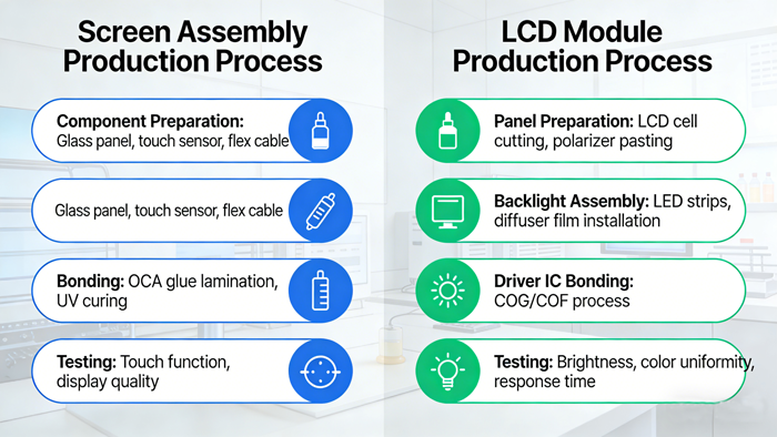 What are the differences in the production process of screen assembly and LCD mo