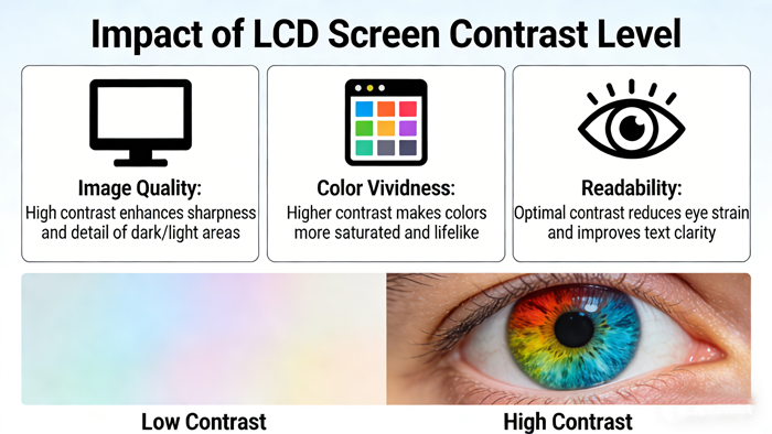 What does the contrast level of the LCD screen affect?