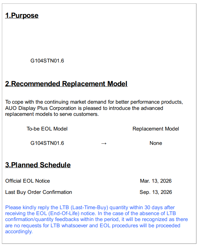 G104STN01.6 Product End of Life Notice