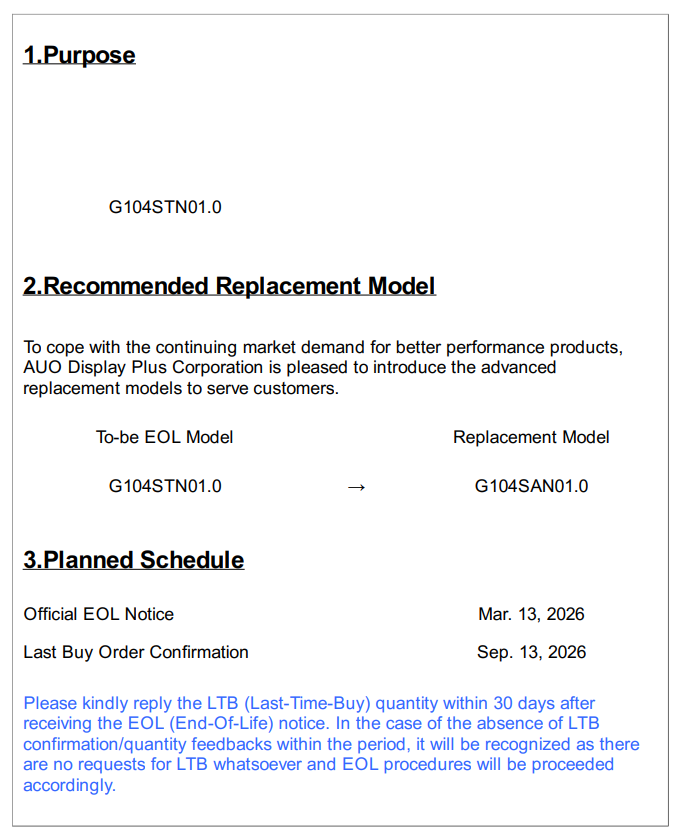 G104STN01.0 Product End of Life Notice& Replacement Model G104SAN01.0