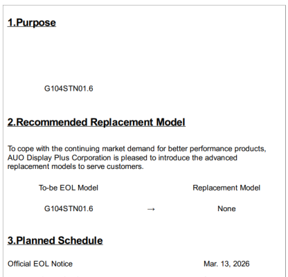 G104STN01.6 Product End of Life Notice