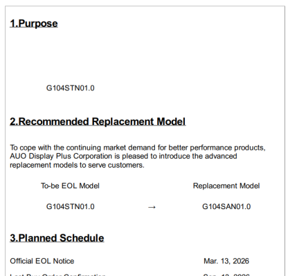 G104STN01.0 Product End of Life Notice& Replacement Model G104SAN01.0