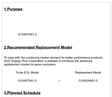 G104STN01.0 Product End of Life Notice& Replacement Model G104SAN01.0