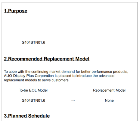 G104STN01.6 Product End of Life Notice & Replacement Model None