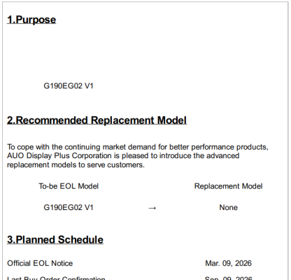 Analysis of the official suspension notice for AUO G190EG02 V1