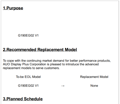 Analysis of the official suspension notice for AUO G190EG02 V1