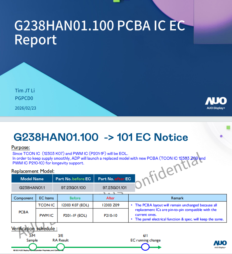 Product Update: AUO G238HAN01.1 PCBA IC Change – Enhanced Longevity Support