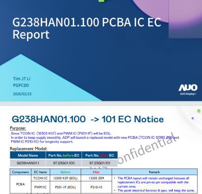Product Update: AUO G238HAN01.1 PCBA IC Change – Enhanced Longevity Support