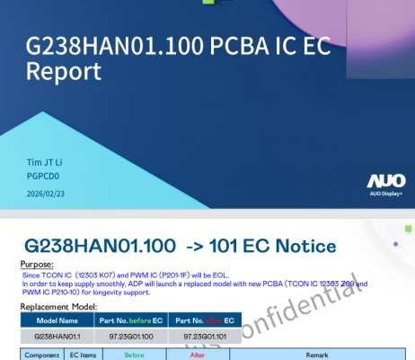 Product Update: AUO G238HAN01.1 PCBA IC Change – Enhanced Longevity Support