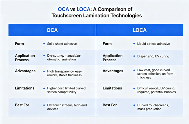 OCA film adhesive (solid) vs LOCA water-based adhesive (liquid OCR)